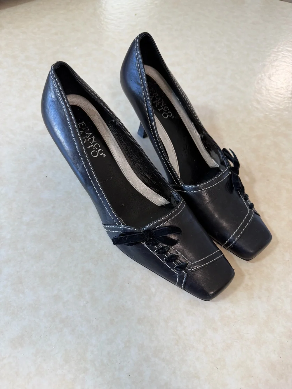 Franco Sarto Black Leather Square-Toe Pump with Bow